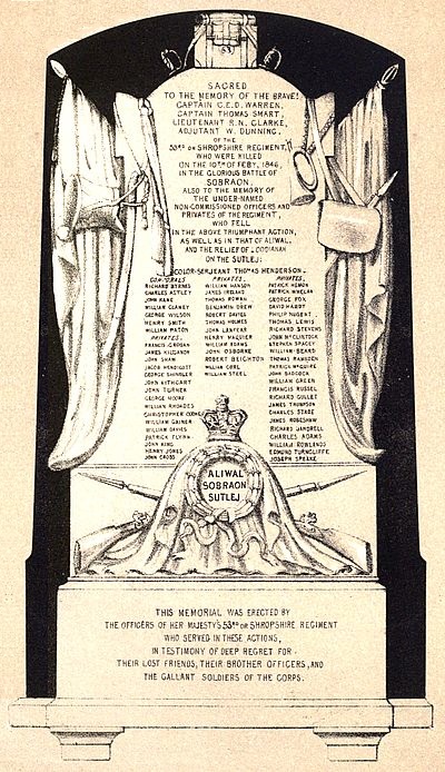 (Monument erected at Shrewsbury to the memory
of the officers and soldiers of the Regiment
who were killed at the Battles of Aliwal
and Sobraon, on the 28th January and 10th February, 1846.)