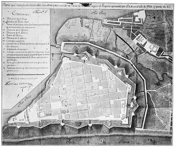 Plan showing outer works of Manila, according to the plan approved by his Majesty in 1784&ndash;1785, drawn by the engineer Tom&aacute;s Sanz