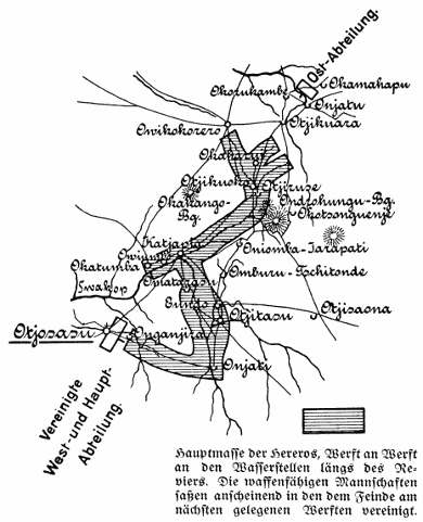 Hauptmasse der Hereros, Werft an Werft an den Wasserstellen l�ngs des Reviers. Die waffenf�higen Mannschaften sa�en anscheinend in den dem Feinde am n�chsten gelegenen Werften vereinigt.