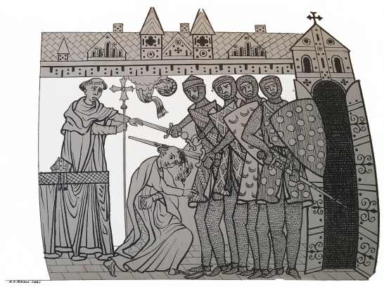 Martyrdom of St. Thomas of Canterbury.  A painting discovered at
St. John&rsquo;s ch. Winchester, Aug. 4th 1853.  From the
Arch&aelig;ological Association Journal Vol. x