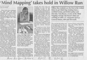Image of article from Ann Arbor News about 
	teaching Mindmapping to Willow Run High school 
	students. 429K